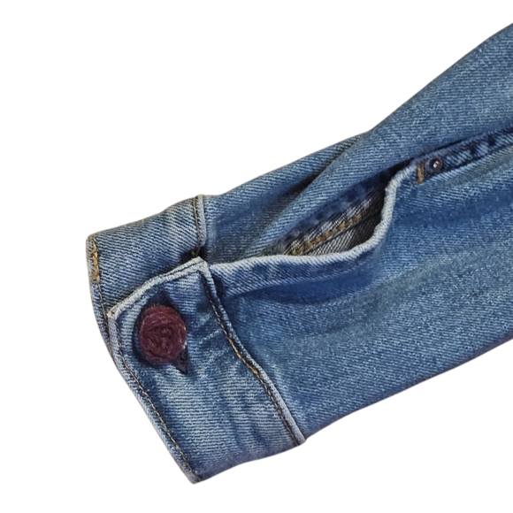 Upcycle Denim Jacket with Colorful Back Embroidered Panel Llama Sz 10 - Picture 4 of 5